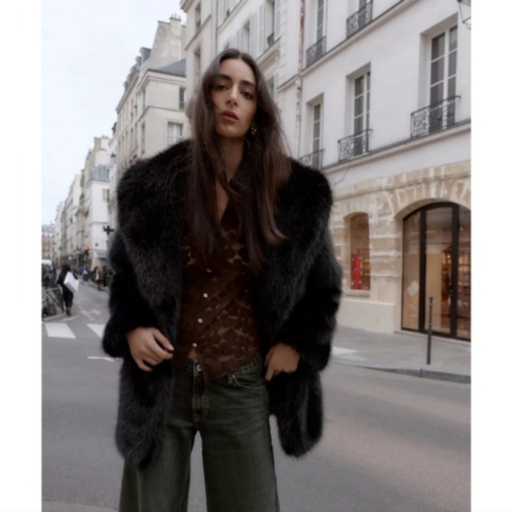 Zara FAUX FUR COAT WITH BELT BLACK - Picture 12 of 16